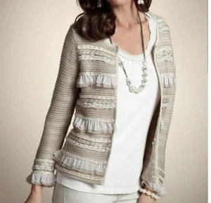 Chicos Ravishing Ruffles Open Front Cardigan Cream Metallic Striped Knit 0 / S / - Picture 1 of 10