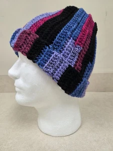 Hand Crocheted Beanie (Pink, Black, Purple, Blue Stripe) - Picture 1 of 4