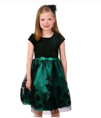 JONA MICHELLE 小女孩 绿色和黑色 闪亮 蕾丝 美丽 假日 连衣裙 尺寸 7 — 第 1/4 张图片