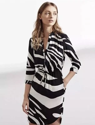 DVF Diane von Furstenberg Freya Zebra Stripe Silk Shirt Dress, Sz 14, Tie Waist - Image 1 of 4