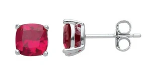 Ruby Cushion Stud Earrings Sterling Silver Rhodium Plated 925 Hallmark 6mm - Picture 1 of 2