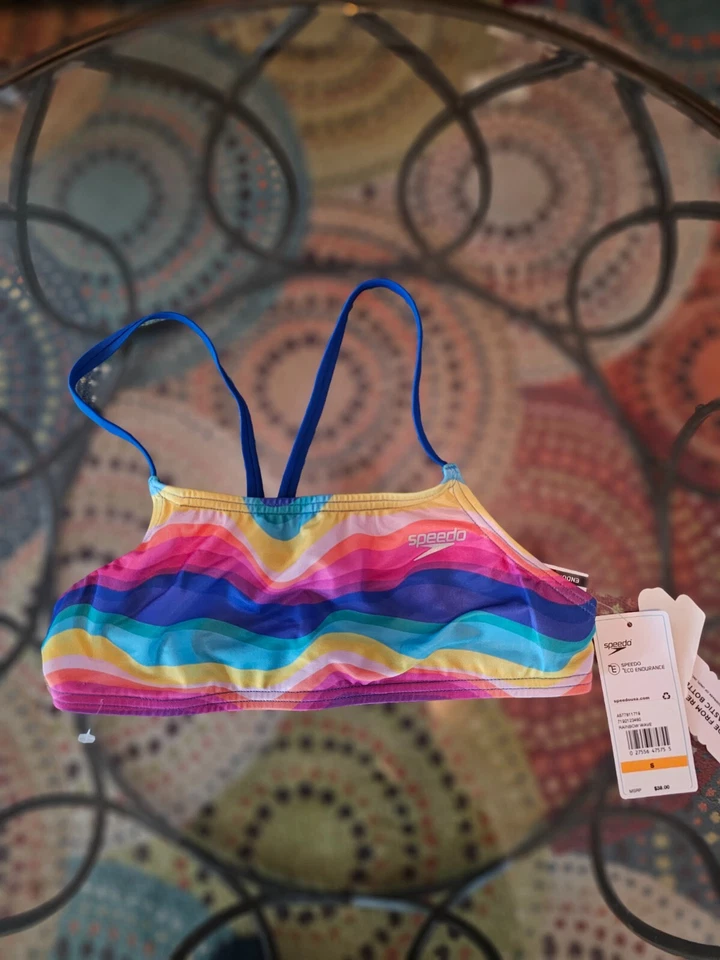 Speedo Women's Printed Fixed Back Bikini Top Rainbow Wave Size Small S