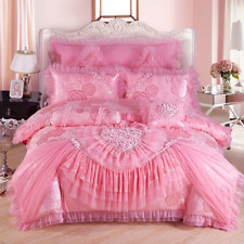 Pink Lace Princess Wedding Luxury Bedding Set  Silk Cotton Stain Cover Bed Sheet