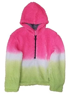 Girls Sherpa Neon Pink White & Lime Green Half Zip Jacket Hoodie Small (7/8) - Picture 1 of 1