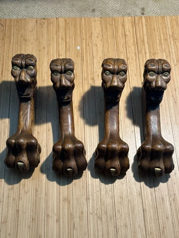 set of 4 Antique Carved Oak Lion heads & big Paw Foot Table Legs feet Salvage Cover