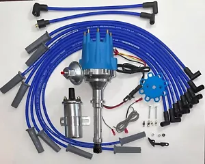 1966-67 CADILLAC 429 SMALL BLUE CAP HEI DISTRIBUTOR + 45k COIL + 8.5mm WIRES USA - Picture 1 of 18