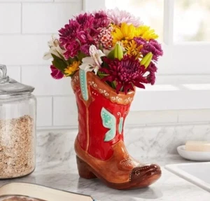 New HTF Pioneer Woman Boot Planter Red Teal Butterfly Country Cowgirl Stoneware - Picture 1 of 10