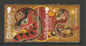 GIBRALTAR 2013 YEAR of the SNAKE Chinese New Year joined pair - MNH - Picture 1 of 1