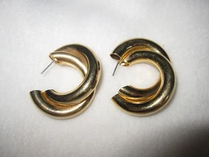 Vintage Double Half Circle Gold Tone Pierced Earrings - Picture 1 of 8