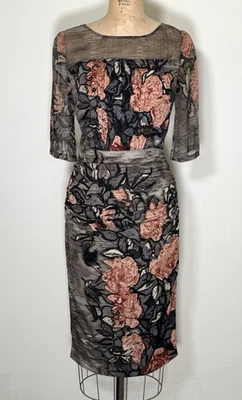 Tracy Reese Van Gogh Dress Size 4 Half Sleeve Floral Print Silk Sheer Gray Peach - Image 1 of 4