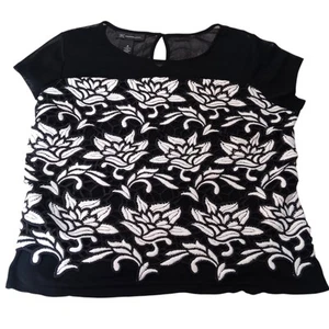 INC Blouse Top Romantic Artsy Floral Applique Feminine Cap Sleeves M Black White - Picture 1 of 8
