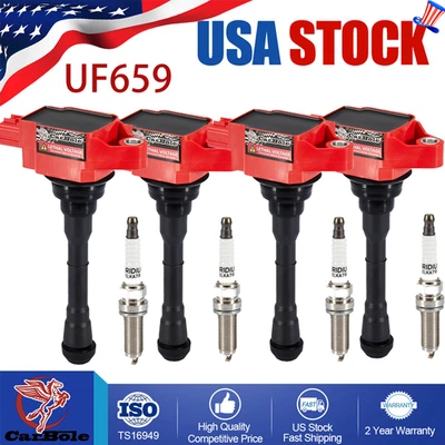 Paquete de 4 bobinas de encendido UF659 y 4 bujías para Nissan Juke 2011-2017 1,6 L L4 Foto 1 de 4