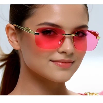 Очки солнцезащитные без оправы золотой леопардовый акцент розовые линзы модные модные дизайнерские Lentes - Изображение 1 из 4