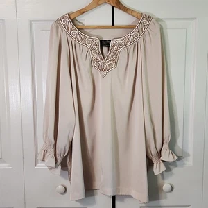 Bob Mackie Womens Beige Embroidered Blouse SZ 2X Balloon Ruffle Sleeves Neutral - Picture 1 of 10