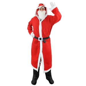 SANTA SUIT HOODED COAT, BEARD & BELT CHRISTMAS FANCY DRESS COSTUME SANTA OUTFIT - Picture 1 of 6