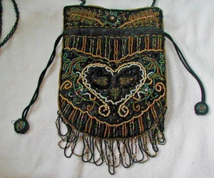 vintage beaded purse drawstring bag microbeads black gold heart design pouch - Picture 1 of 24