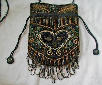 vintage beaded purse drawstring bag microbeads black gold heart design pouch - Image 1 of 4