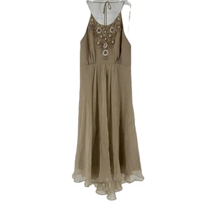 Milly Seide Perlen Neckholder Kleid knielang beige formell Größe 2 Party Cocktail - Bild 1 von 15