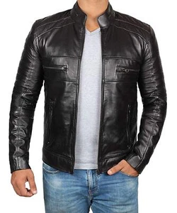 Leather Jacket Mens Biker Coat Motorcycle Vintage Men Bomber Lambskin Black 89 - Picture 1 of 4