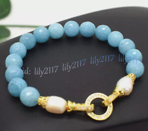Natural Blue Aquamarine Round Gemstone Beads White Freshwater Pearl Bracelet