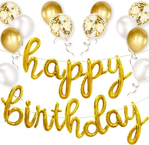 Gold Happy Birthday Balloons Banner, 25Pcs Cursive Letters Balloons Sign with La - Picture 1 of 14