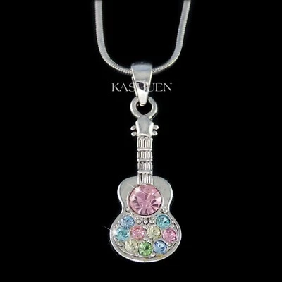~Rainbow ACOUSTIC GUITAR~ made with Swarovski Crystal Music Class Rock Necklace - Image 1 of 2