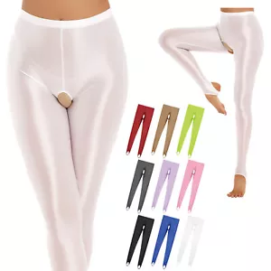 Sexy Women's Shiny Crotchless Tights Glossy Yoga Fitness Dance Pants Shapewear - Picture 1 of 94