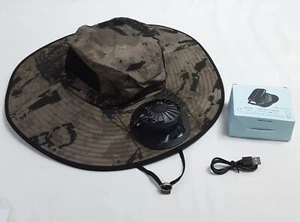 New, Brown Camo Pattern Solar Powered Fan Cooling Wide Brim Bucket Hat Unisex - Picture 1 of 10
