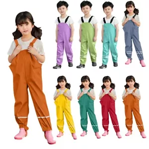 Toddler Kids Boys Girls Rain Dungarees Waterproof Windproof Rain Trousers Pants - Picture 1 of 21