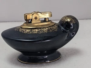 Vintage Ceramic Table Lighter Boho Mid Cemtury Genie Japanese Black Brass READ - Foto 1 di 7
