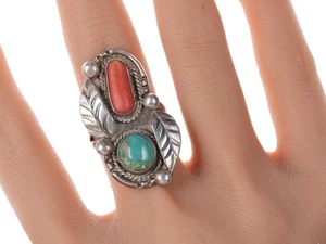 sz8 Vintage Navajo Silver - Turquoise and coral ring - Picture 1 of 3
