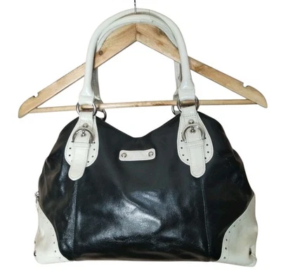 Tommy & Kate Tasche schwarz weiß Leder Handtasche Schnalle Griff Logo Nieten Reißverschluss gefüttert - Bild 1 von 4