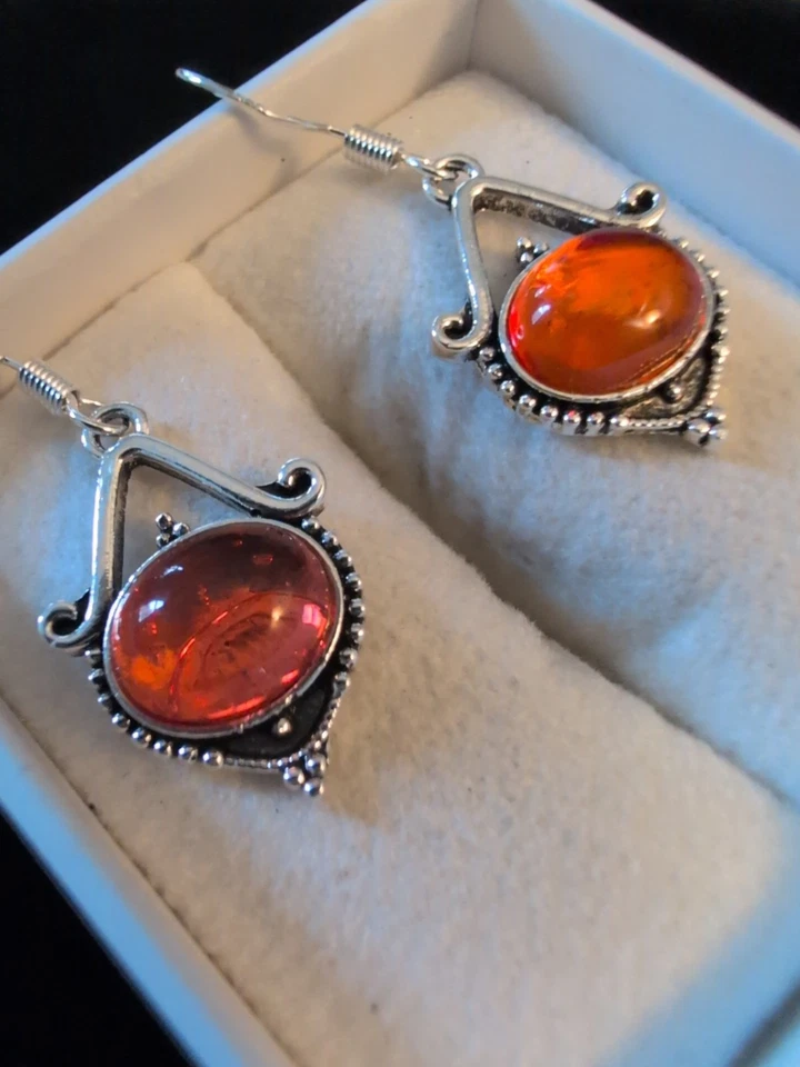 Pendientes colgantes vintage de plata esterlina creados por navajo ámbar cabujones energía Foto 1 de 4