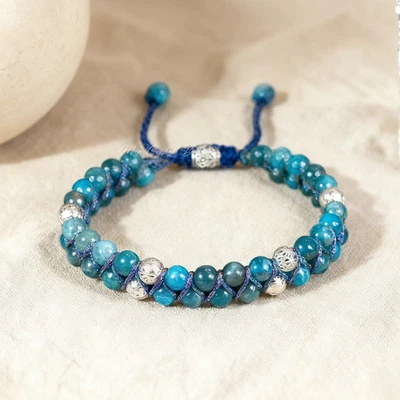 Natural Apatite Stone Bracelet Blue Gemstone Crystal Braided Bracelet Handmade - Image 1 of 3
