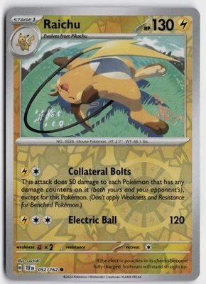 Pokemon Raichu 052/162 Reverse Holo Common SV05: Temporal Forces NM - Image 1 of 2