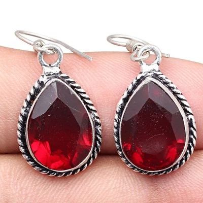 Garnet Quartz Gemstone Handmade Gift For Her Silver Jewelry Earrings 1.5'' - Image 1 of 4
