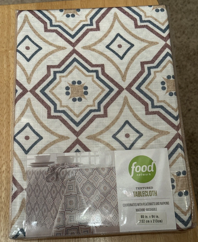 Food Network Giant Geometric Textured Tablecloth 60x84 - Cream, Blue, Gold - NEW - Image 1 of 2
