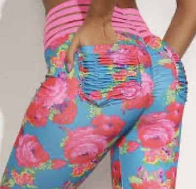Leggings Aqua Floral Scrunch Butt Bolsillos Botín Mujer’s L Azul Rosa Foto 1 de 4