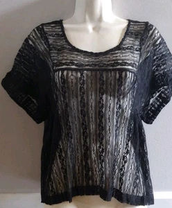 Free People Boho Chic Mesh Sheer Lace Black Goth Romantic Boxy Top Size XS - Picture 1 of 10