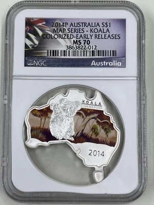 2014P Australia S$1 NGC MS70 Koala Colorized Map Series - Image 1 of 4
