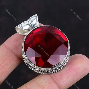 925 Sterling Silver Mozambique Garnet Stone Birthday Vintage Bezel Boho Pendant - Picture 1 of 6