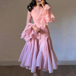 Mujer Moda Vestido Mangas Largas Vestido con Volantes Cuello en V Fiesta Boda Vestido Línea A - Imagen 1 de 17