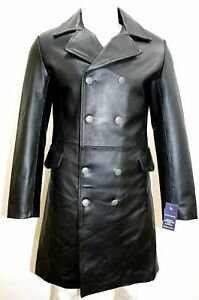 New Men's Genuine Lambskin Leather Double Breasted Trench Coat Black Long Jacket