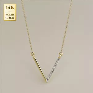 14K Real Solid Gold Diamond Minimalist Dainty Chevron V Pendant Chain Necklace - Picture 1 of 10
