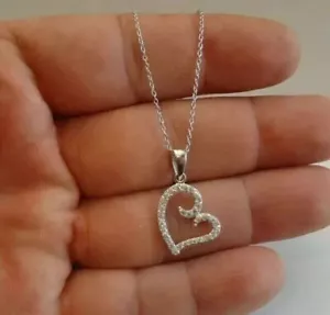 0.90Ct Round Cut Created Diamond Women's Heart Pendant 14k White Gold Plated 18" - Picture 1 of 3