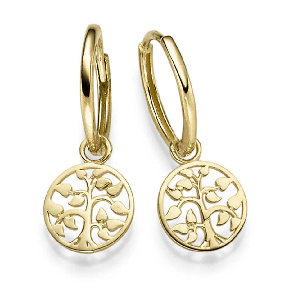 Creolen mit Einhänger Ohrhänger Lebensbaum 585 Gold Gelbgold Ohrschmuck glänzend - Bild 1 von 1