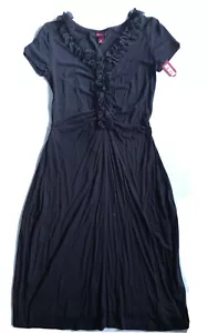 Merona Black Dress XS Ruffles Knee Length Rayon Short Sleeve NEW NWT Stretch - Picture 1 of 8