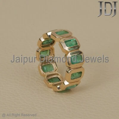 Solid 14k Yellow Gold Band Ring Natural Emerald Gemstone Eternity Ring Jewelry - Image 1 of 4