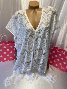 Victorias Secret Swimsuit Swim Cover White Crochet Fringe Hem Large - Picture 1 of 3