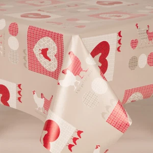 Tovaglia Pulita Polli Patchwork Cuori Grigio Bianco Rosso Pvc - Foto 1 di 2
